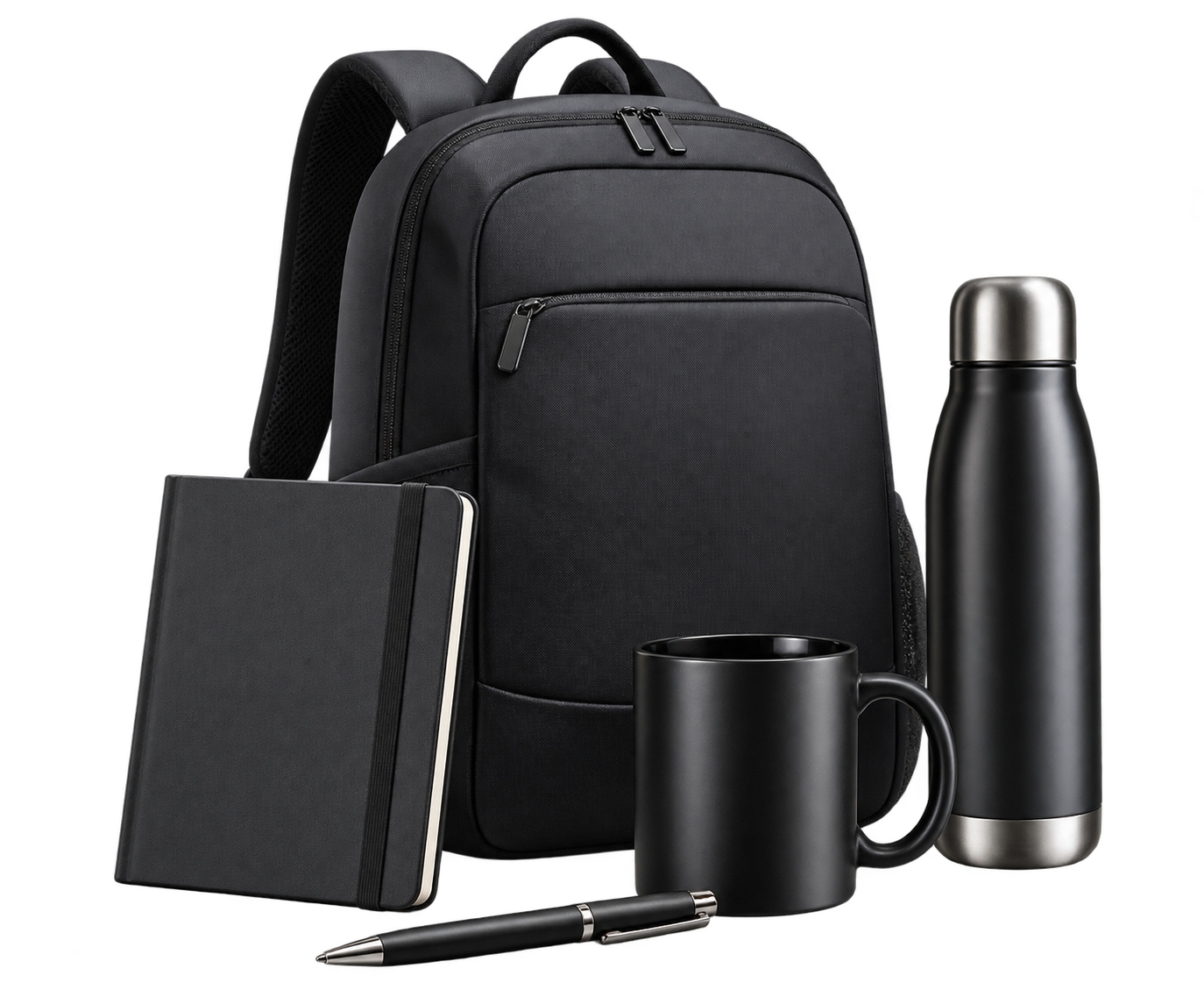 Selección de productos promocionales: mochila, termo, taza, libreta y lapicero
