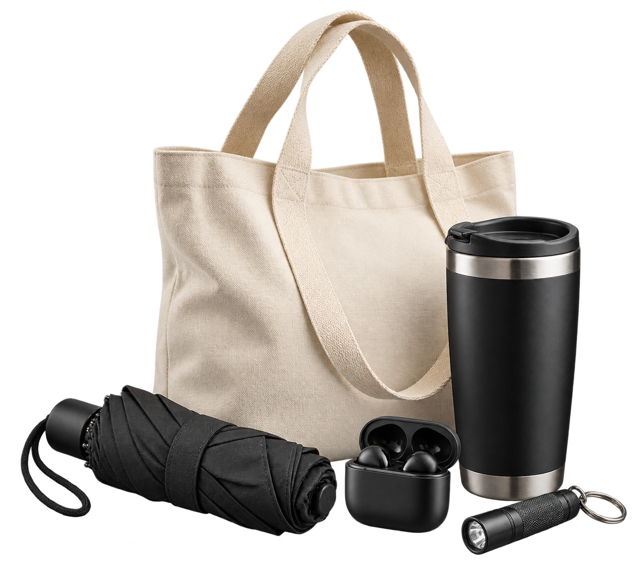 Selección de productos promocionales: tote bag, paraguas, termo, audífonos y llavero