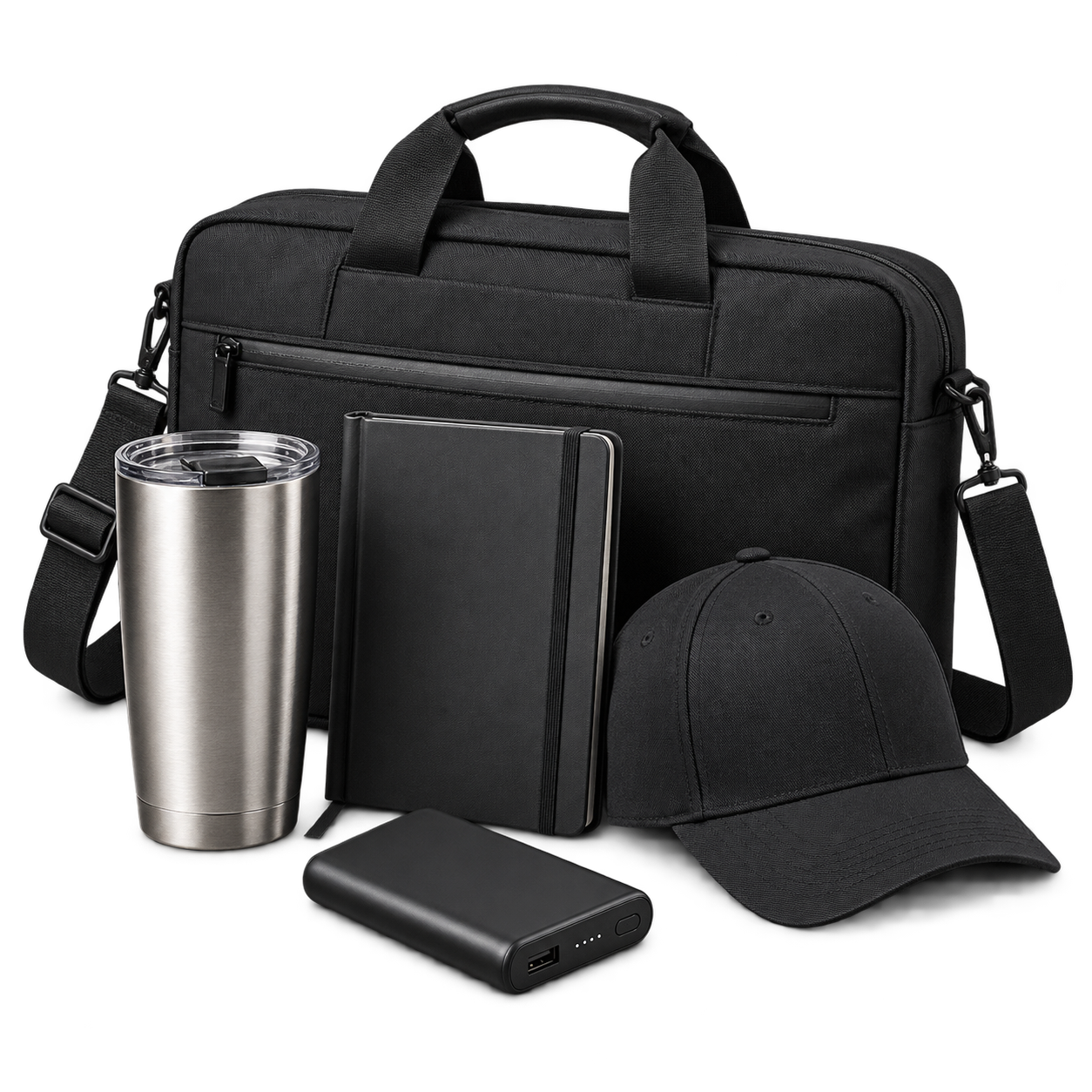Selección de productos promocionales: maletín, termo, libreta, gorra y power bank