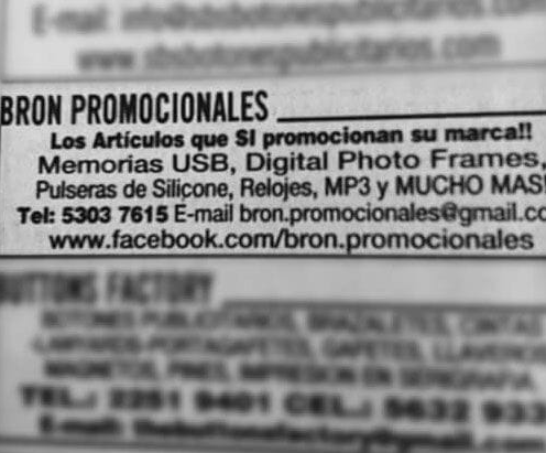 Primer anuncio de BRON Promocionales en las páginas amarillas, 2011